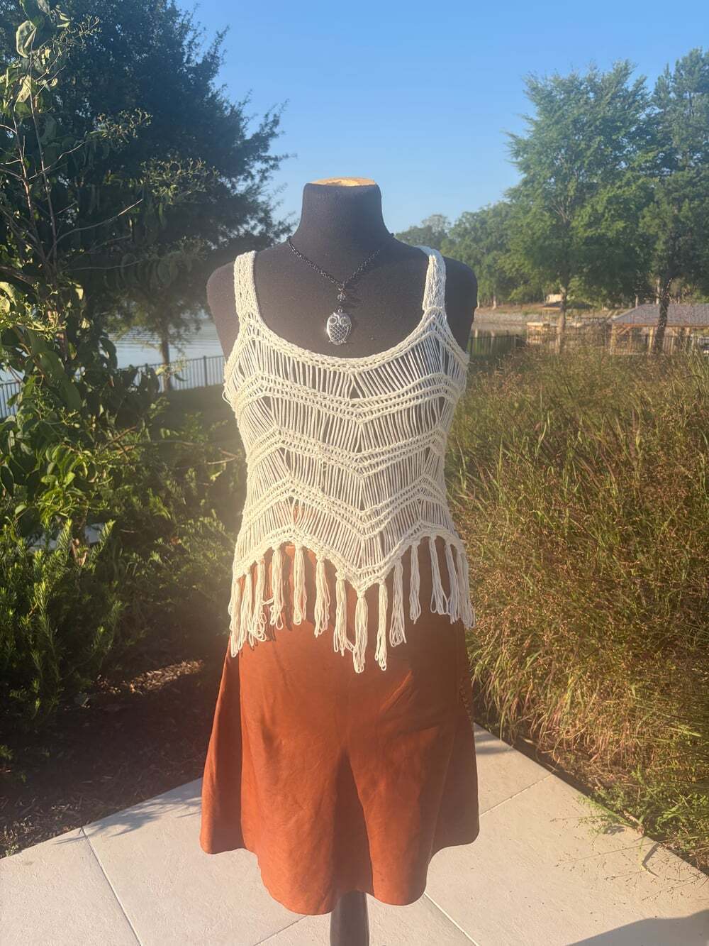 Vintage Havana Open Knit Crochet Fringe Tank Top Boho Festival Beach Cover Up XL